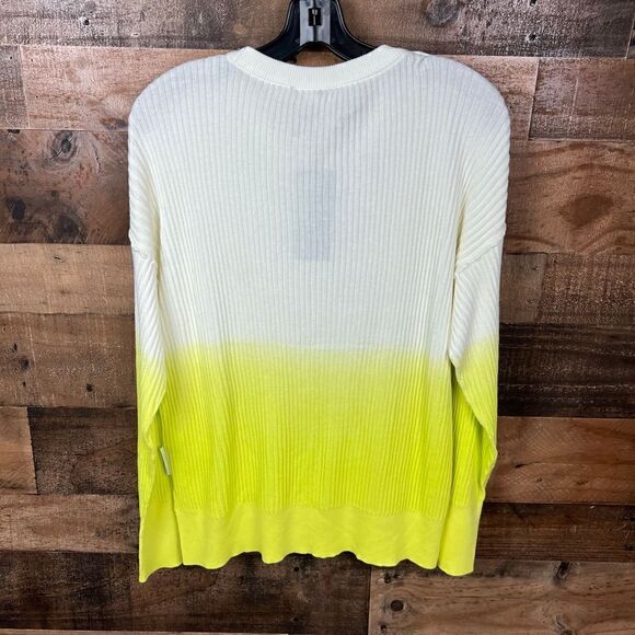 DKNY Ombre Sweater Crew Neck White Neon Yellow Green High Low Hem Large - Picture 9 of 14
